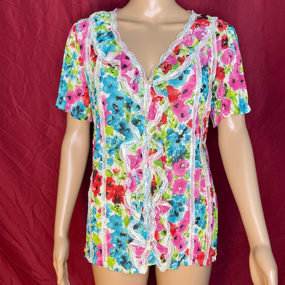 NY Collection Floral Crinkle Pleated Chiffon Lace Trim Floral Blouse Large